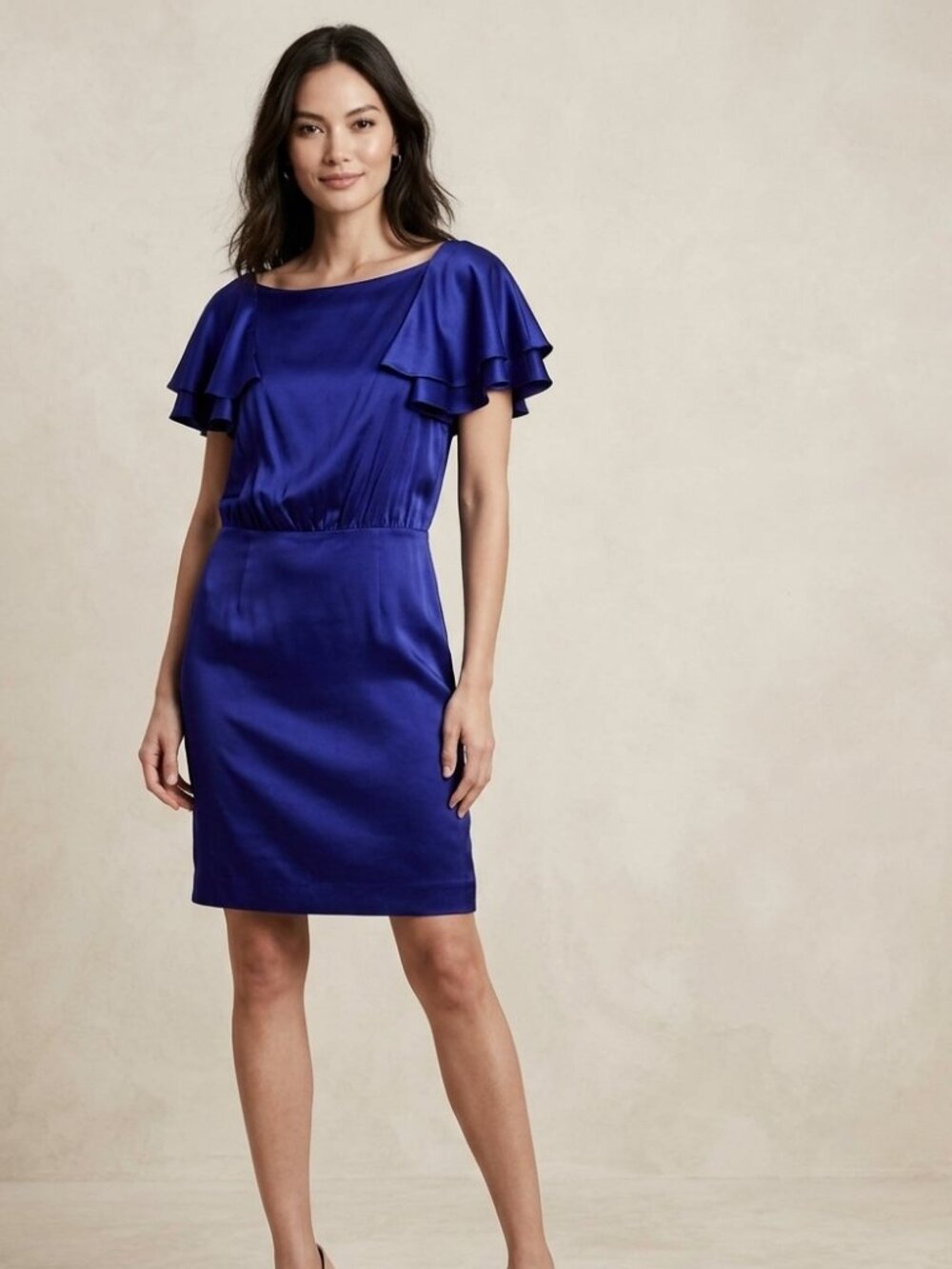 Banana Republic Size 4 Indigo 100% Silk Layered Flutter Sleeve Sheath Dress